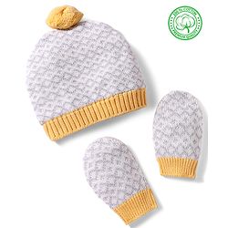 Babyhug 100% Cotton Knit Woollen Cap & Mittens With Geometric Design Grey- Diameter 12 cm