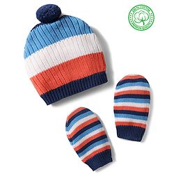Babyhug 100% Cotton Knit Woollen Cap & Mittens With Striped Design Multicolor- Diameter 12 cm