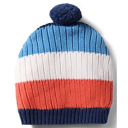 Babyhug 100% Cotton Knit Woollen Cap & Mittens With Striped Design Multicolor- Diameter 12 cm