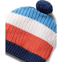 Babyhug 100% Cotton Knit Woollen Cap & Mittens With Striped Design Multicolor- Diameter 12 cm
