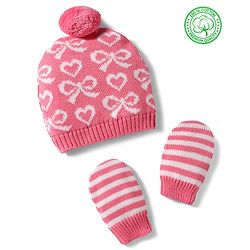 Babyhug 100% Cotton Knit Woollen Cap & Mittens With Bow Design Pink- Diameter 10 cm
