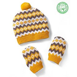 Babyhug 100% Cotton Sweater Knit Woollen Cap & Mittens Mustard - Diameter 15 cm