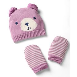 Babyhug Organic 100% Cotton Knit Woollen Cap & Mittens With Bear Design Purple - Diameter 12 cm