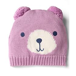 Babyhug Organic 100% Cotton Knit Woollen Cap & Mittens With Bear Design Purple - Diameter 12 cm