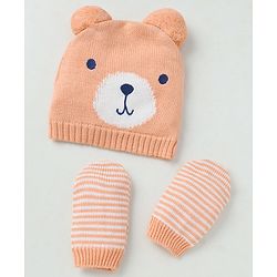 Babyhug Organic 100% Cotton Knit Woollen Caps and Set With Pom Pom Cap With Bear Design Peach - Diameter 14 cm