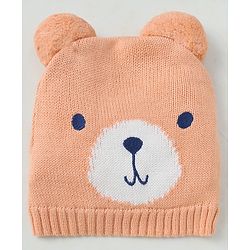 Babyhug Organic 100% Cotton Knit Woollen Caps and Set With Pom Pom Cap With Bear Design Peach - Diameter 14 cm