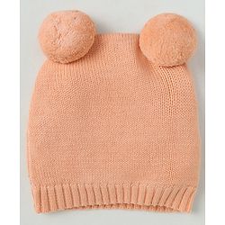 Babyhug Organic 100% Cotton Knit Woollen Caps and Set With Pom Pom Cap With Bear Design Peach - Diameter 14 cm