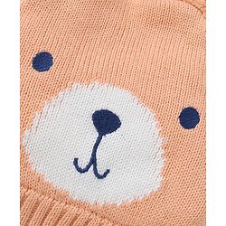 Babyhug Organic 100% Cotton Knit Woollen Caps and Set With Pom Pom Cap With Bear Design Peach - Diameter 14 cm