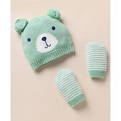 Babyhug 100% Cotton Knit Solid Woollen Cap & Mittens With Bear Design Green- Diameter 16 cm