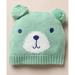 Babyhug 100% Cotton Knit Solid Woollen Cap & Mittens With Bear Design Green- Diameter 16 cm