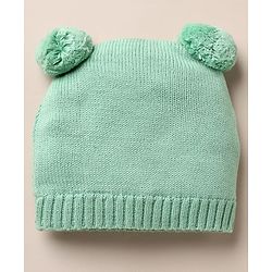 Babyhug 100% Cotton Knit Solid Woollen Cap & Mittens With Bear Design Green- Diameter 16 cm