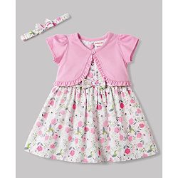 Babyhug Poplin Woven Floral Printed Frock with Half Sleeves Shrug & Headband- White & Pink