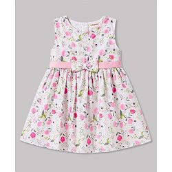 Babyhug Poplin Woven Floral Printed Frock with Half Sleeves Shrug & Headband- White & Pink