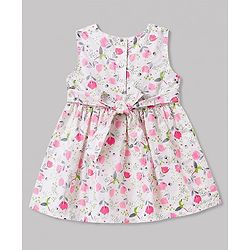 Babyhug Poplin Woven Floral Printed Frock with Half Sleeves Shrug & Headband- White & Pink
