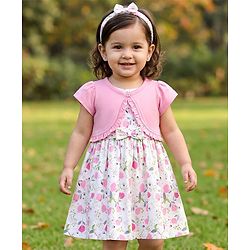 Babyhug Poplin Woven Floral Printed Frock with Half Sleeves Shrug & Headband- White & Pink