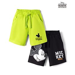 Babyhug Disney Terry Knit Knee Length Shorts with Mickey Mouse Graphics Pack of 2 - Neon Green & Black