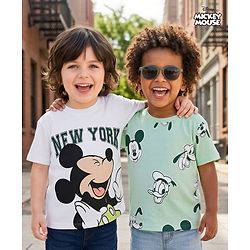 Babyhug Disney Single Jersey Knit Half Sleeves Round Neck T-Shirt With Mickey Mouse Graphics Pack of 2 - White