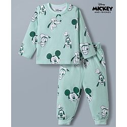 Babyhug Disney Single Jersey Knit Full Sleeves T-Shirt & Pyjama Night Suit With Mickey Mouse Print - Light Green