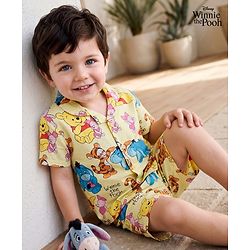 Babyhug Disney 100% Cotton Knit Half Sleeves Co-Ords Shirt & Shorts Night Suit With Winnie & Friends Print - Yellow