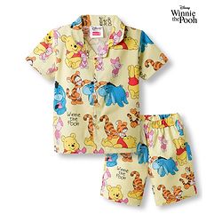 Babyhug Disney 100% Cotton Knit Half Sleeves Co-Ords Shirt & Shorts Night Suit With Winnie & Friends Print - Yellow