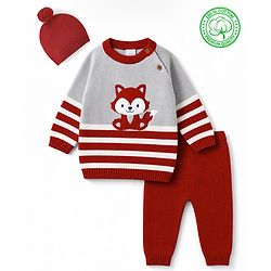 Babyhug 100% Cotton Knit Full Raglan Sleeves Fox Embroidered Sweater Set With Cap - Red
