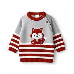 Babyhug 100% Cotton Knit Full Raglan Sleeves Fox Embroidered Sweater Set With Cap - Red