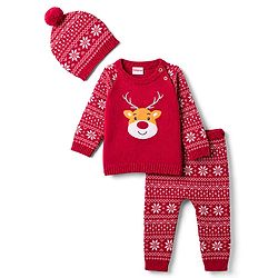 Babyhug 100% Cotton Knit Full Raglan Sleeves Reindeer Designed Sweater Set with Cap - Red