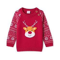 Babyhug 100% Cotton Knit Full Raglan Sleeves Reindeer Designed Sweater Set with Cap - Red