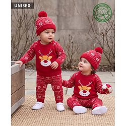 Babyhug 100% Cotton Knit Full Raglan Sleeves Reindeer Designed Sweater Set with Cap - Red