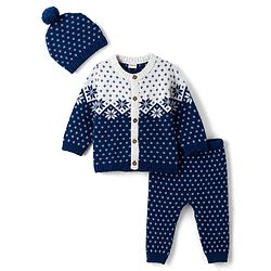 Babyhug 100% Cotton Knit Full Sleeves Floral Designed Front Open Sweater Set with Cap - Navy