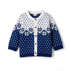 Babyhug 100% Cotton Knit Full Sleeves Floral Designed Front Open Sweater Set with Cap - Navy