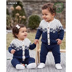 Babyhug 100% Cotton Knit Full Sleeves Floral Designed Front Open Sweater Set with Cap - Navy
