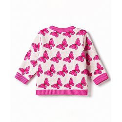 Babyhug Knit Organic 100% Cotton Full Sleeves Butterfly Designed Front Open Sweater Set with Cap - Pink