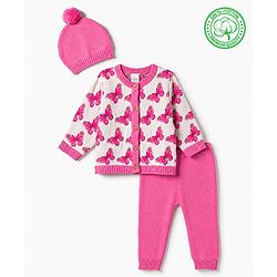 Babyhug Knit Organic 100% Cotton Full Sleeves Butterfly Designed Front Open Sweater Set with Cap - Pink