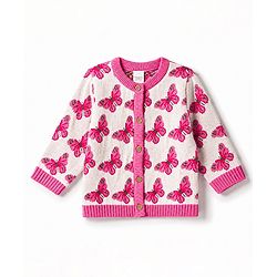 Babyhug Knit Organic 100% Cotton Full Sleeves Butterfly Designed Front Open Sweater Set with Cap - Pink