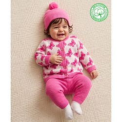 Babyhug Knit Organic 100% Cotton Full Sleeves Butterfly Designed Front Open Sweater Set with Cap - Pink