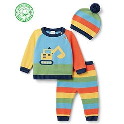 Babyhug Organic 100% Cotton Knit Full Raglan Sleeves Colour Block Striped & JCB Designed Sweater Set With Cap- Sky
