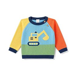 Babyhug Organic 100% Cotton Knit Full Raglan Sleeves Colour Block Striped & JCB Designed Sweater Set With Cap- Sky