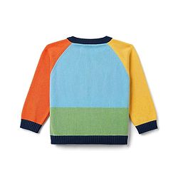 Babyhug Organic 100% Cotton Knit Full Raglan Sleeves Colour Block Striped & JCB Designed Sweater Set With Cap- Sky