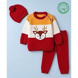 Babyhug 100% Cotton Knit Full Sleeves Dear Applique Sweater Set with Cap - Red