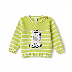 Babyhug Organic 100% Cotton Knit Full Sleeves Striped & Zebra Designed Sweater Set With Cap- Lime Green