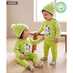 Babyhug Organic 100% Cotton Knit Full Sleeves Striped & Zebra Designed Sweater Set With Cap- Lime Green
