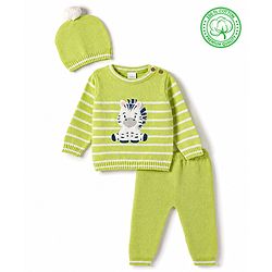 Babyhug Organic 100% Cotton Knit Full Sleeves Striped & Zebra Designed Sweater Set With Cap- Lime Green