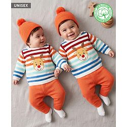 Babyhug Organic 100% Cotton Knit Full Sleeves Striped & Zebra Designed Sweater Set With Cap- Rust Orange
