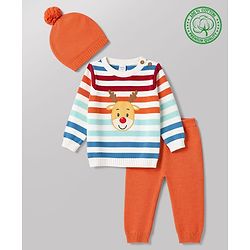 Babyhug Organic 100% Cotton Knit Full Sleeves Striped & Zebra Designed Sweater Set With Cap- Rust Orange