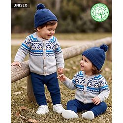 Babyhug 100% Cotton Knit Full Raglan Sleeves Penguin Designed Sweater Set with Cap - Navy & Grey