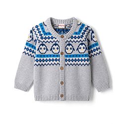 Babyhug 100% Cotton Knit Full Raglan Sleeves Penguin Designed Sweater Set with Cap - Navy & Grey