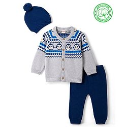 Babyhug 100% Cotton Knit Full Raglan Sleeves Penguin Designed Sweater Set with Cap - Navy & Grey