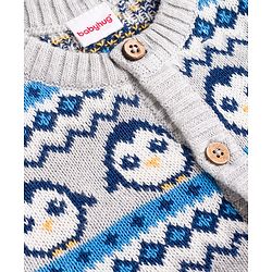 Babyhug 100% Cotton Knit Full Raglan Sleeves Penguin Designed Sweater Set with Cap - Navy & Grey