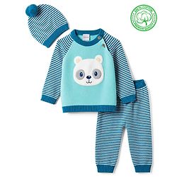 Babyhug 100% Cotton Knit Full Raglan Sleeves Striped Sweater Set with Cap & Bear Face Applique - Blue